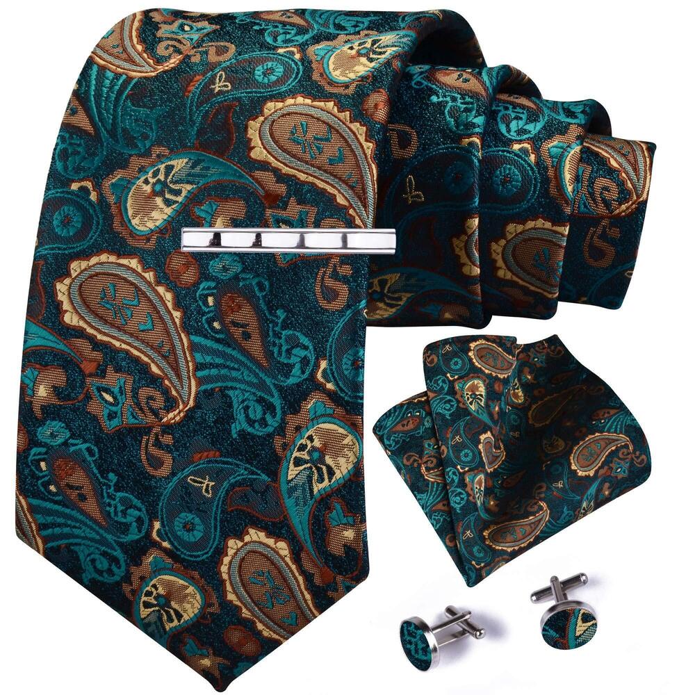 9951 Paisley Tie Sets Teal Ties Silk Necktie Clip and Pocket Square